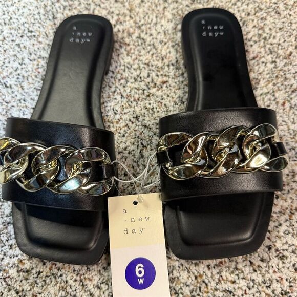 A New Day Women's Viv Chain Slide Sandals Black Size 6W - Picture 1 of 3